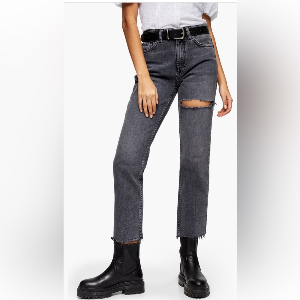 Topshop NY thigh rip raw hem straight leg jeans